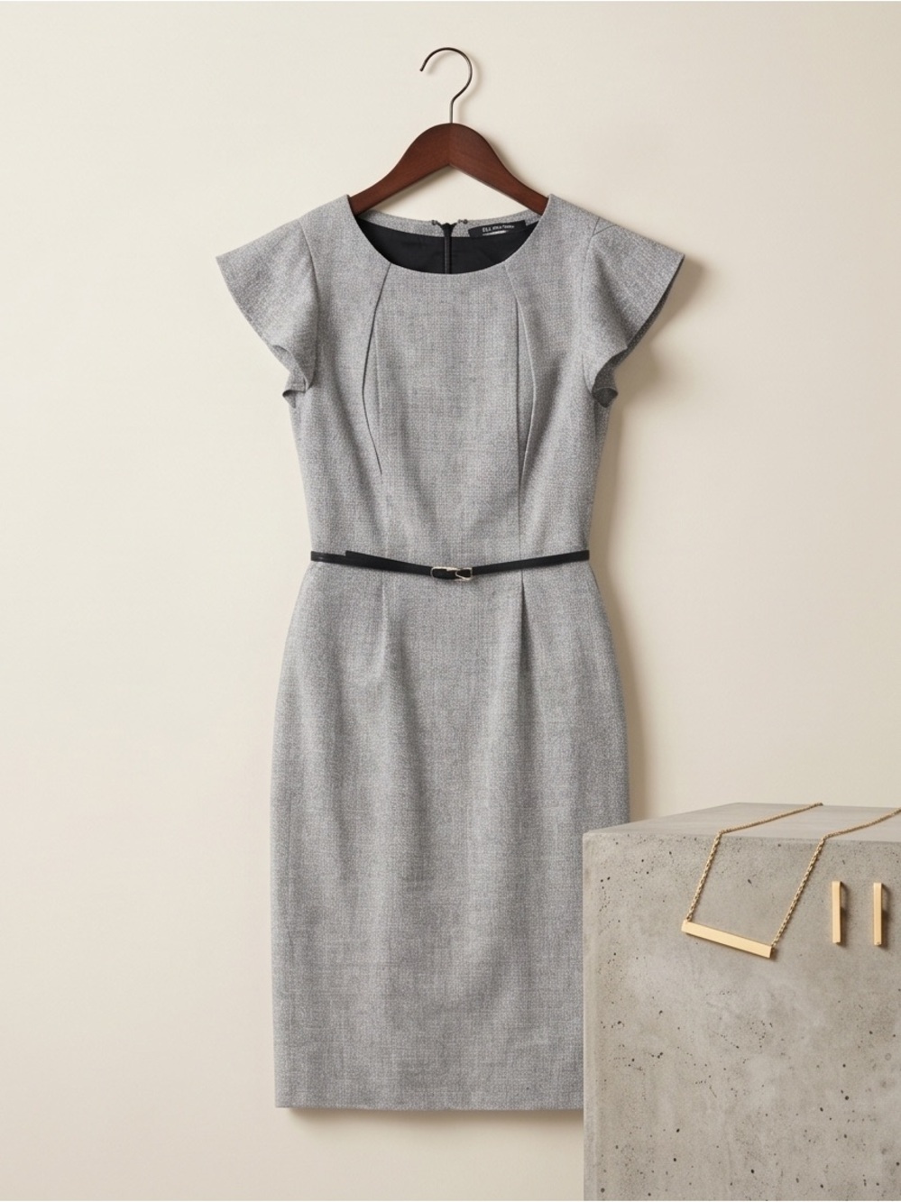 Black Halo Gray (black/white) Tweed Sheath Dress with Slim Black Belt